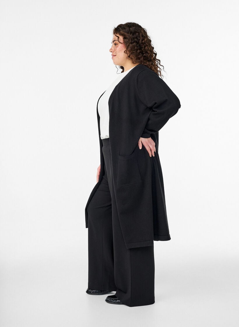 FLASH - Long, open cardigan with pockets, Black, Model image number 2