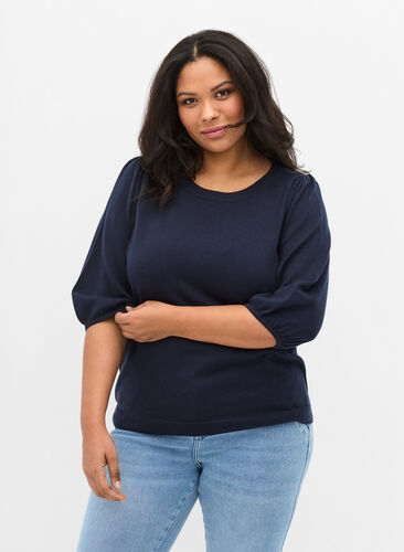 Knit blouse with 3/4-sleeves, Navy Blazer, Model image number 0
