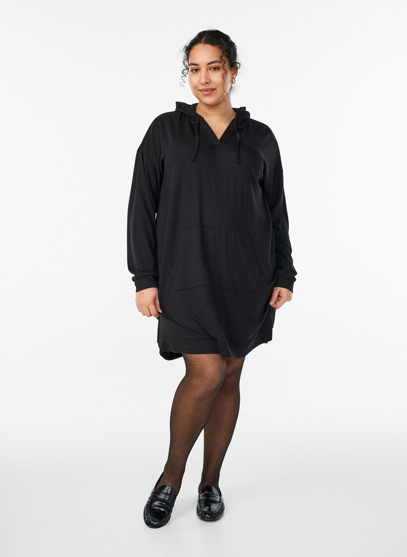 Short hoodie dress with a kangaroo pocket, Black, Model image number 1