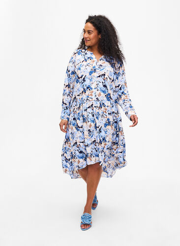 Printed viscose midi dress with long sleeves, Blue Graphic AOP, Model image number 0