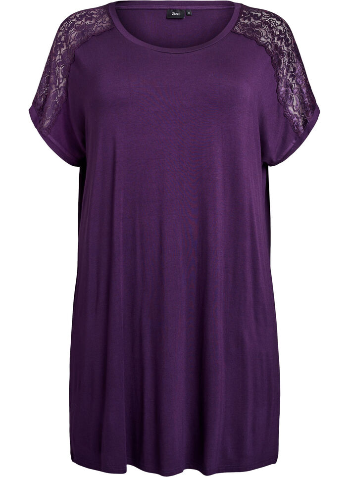 Viscose nightgown with lace details, Purple, Packshot image number 0