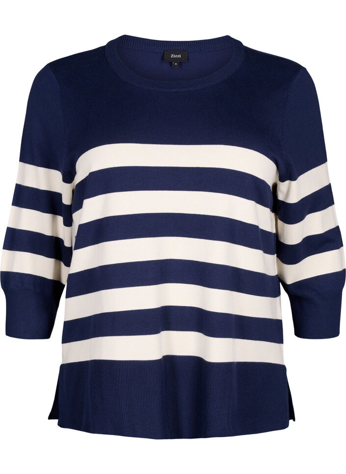 Striped viscose pullover with 3/4 sleeves, Navy Blazer/Birch, Packshot image number 0
