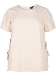 Short-sleeved blouse in a cotton blend with linen and lace detail, Sandshell, Packshot