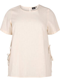 Short-sleeved blouse in a cotton blend with linen and lace detail