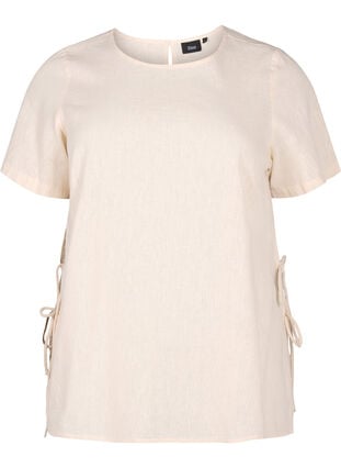 Short-sleeved blouse in a cotton blend with linen and lace detail, Sandshell, Packshot image number 0