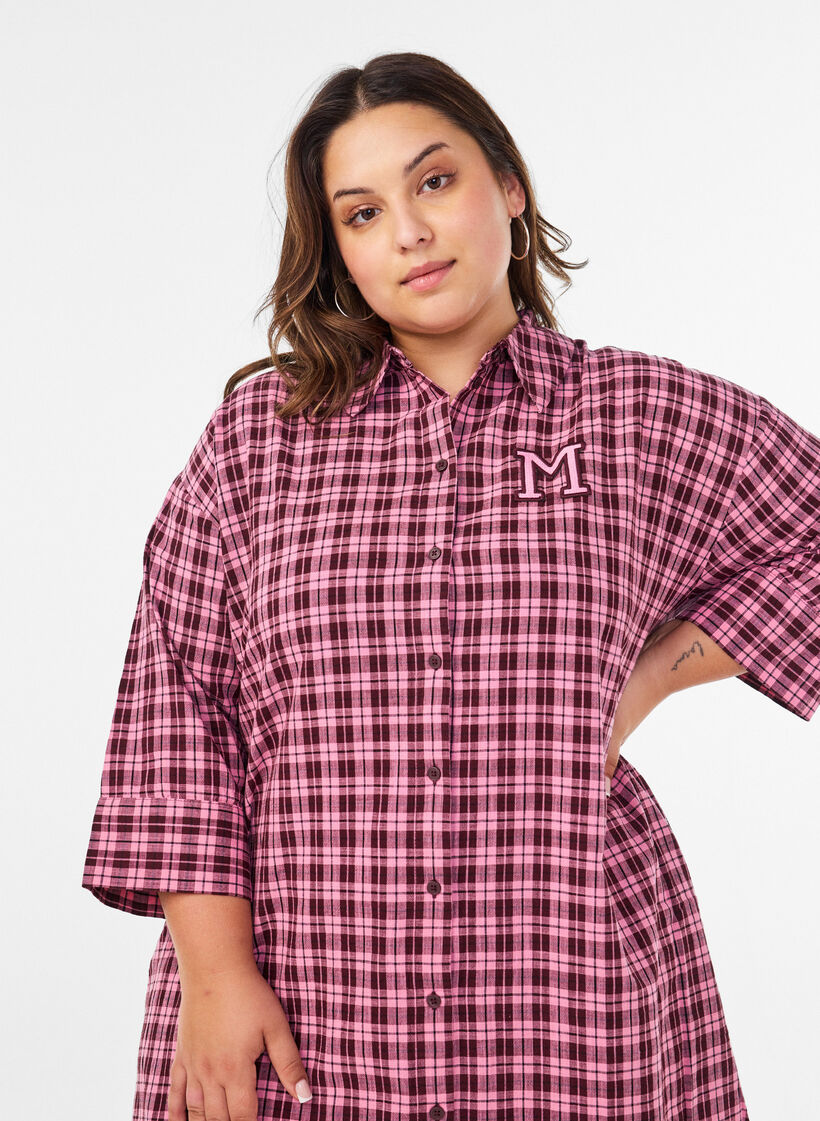 Long checked shirt with 3/4 sleeves, Pink, Model image number 2