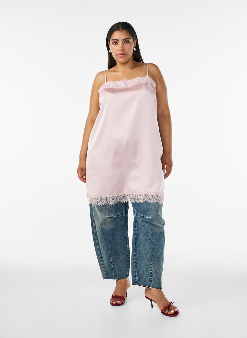 Long satin top with lace edges, Red, Model image number 1