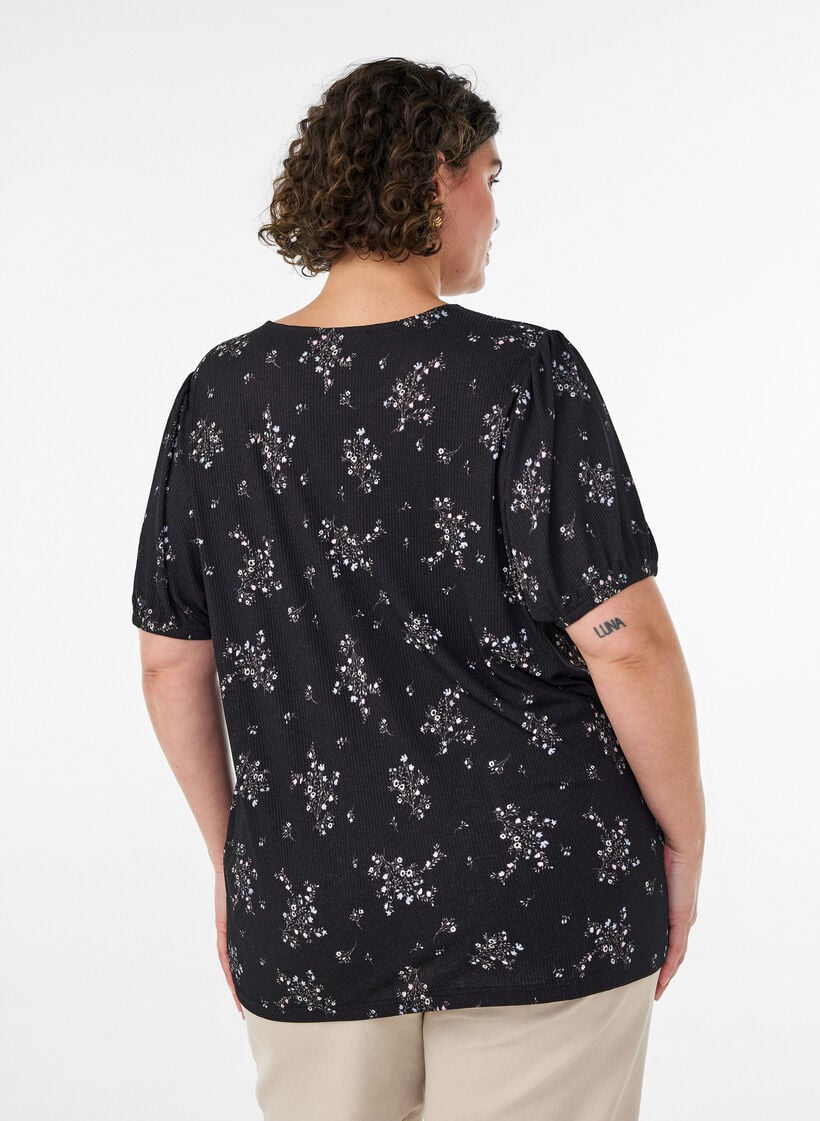 Patterned blouse with short sleeves, Black, Model image number 2