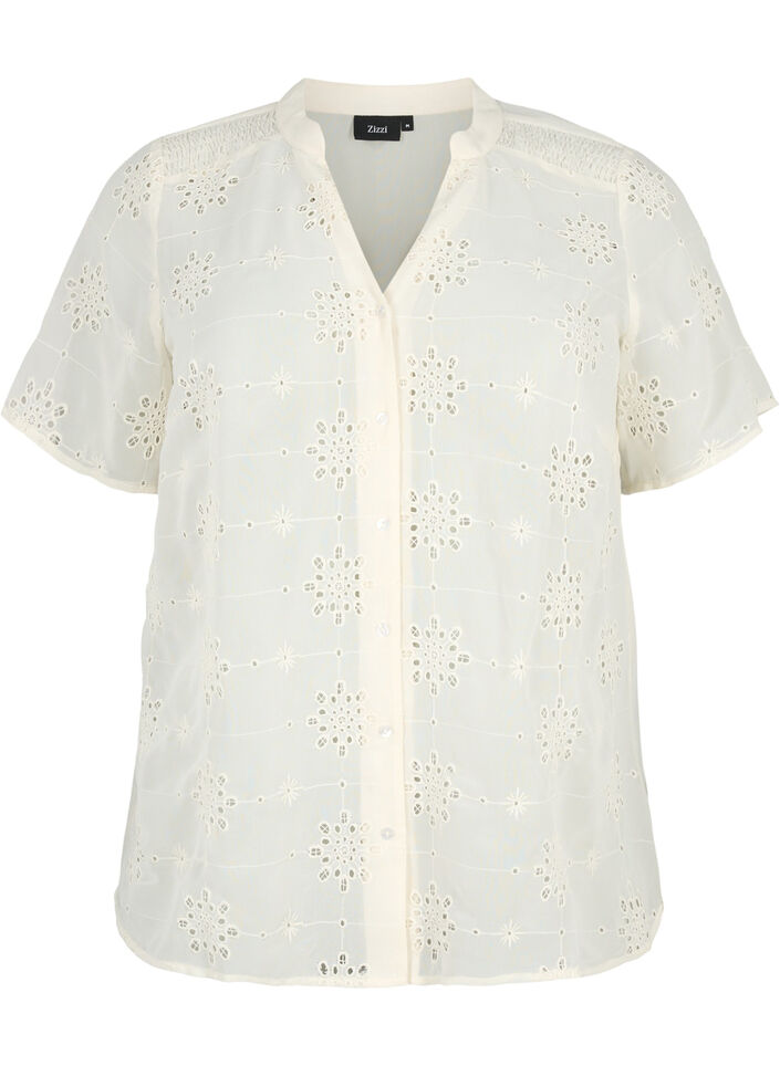 Short sleeve shirt blouse with broderie anglaise, Antique White, Packshot image number 0