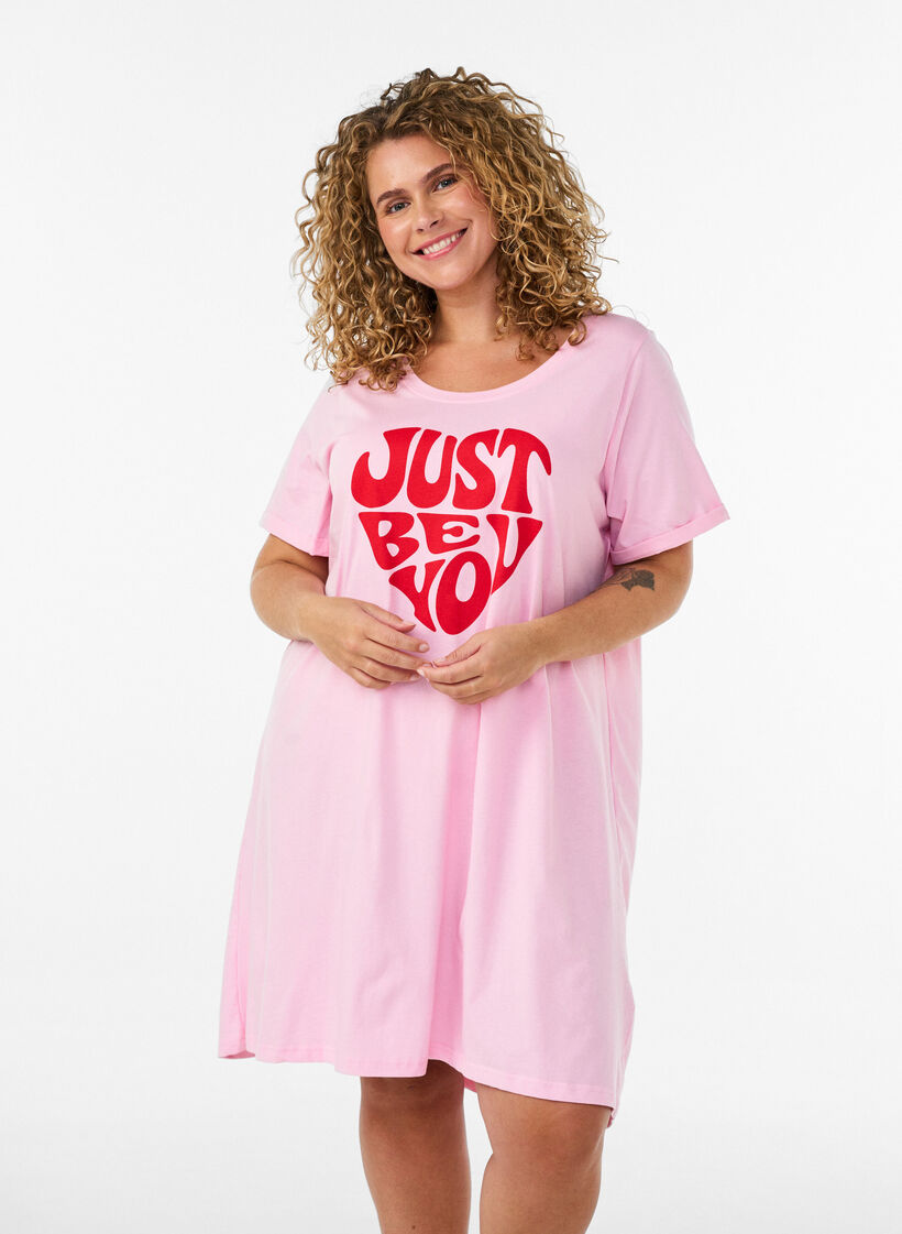 Short-sleeved nightgown in organic cotton, Pink, Model image number 0