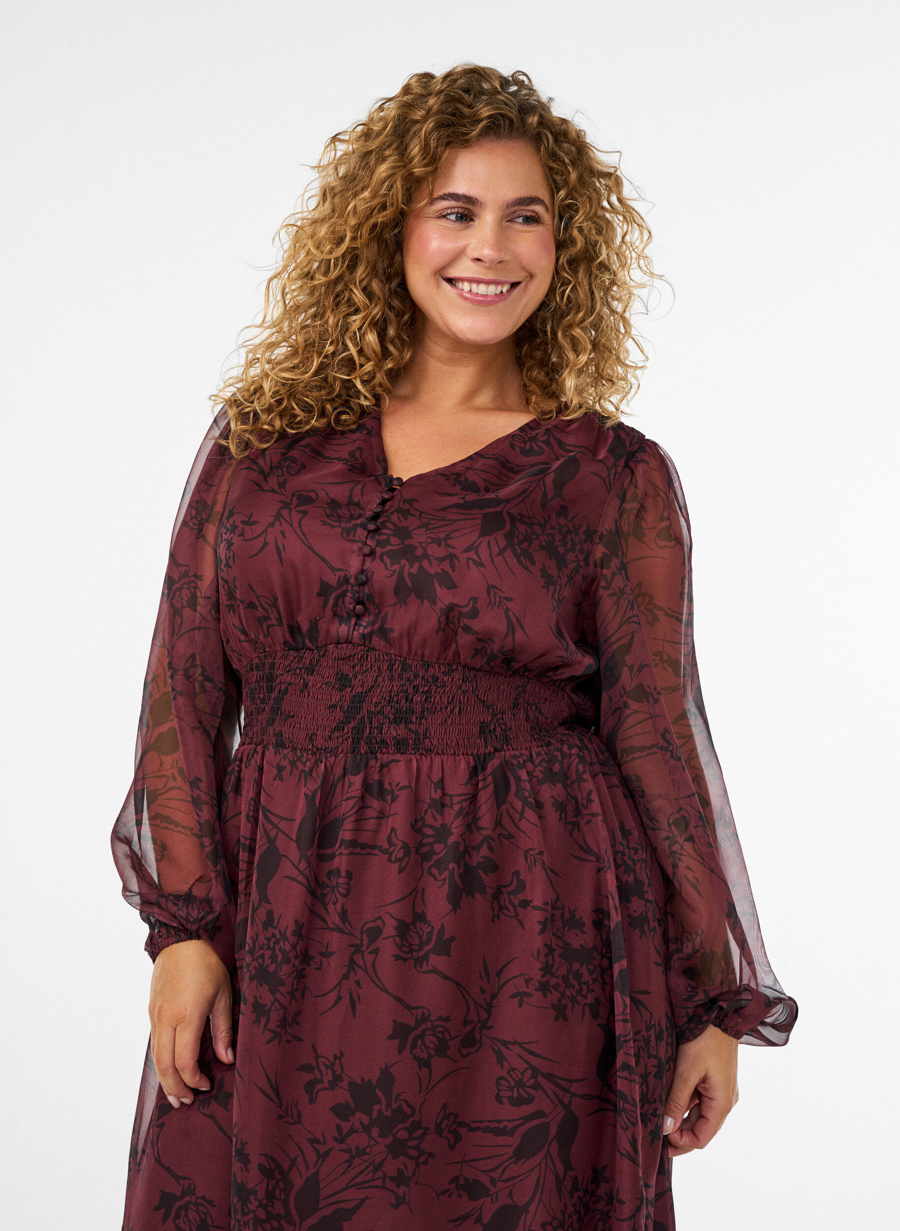 ZizzifashionMaxi dress with floral print and smocking, Dark Bordeaux, Model image number 2