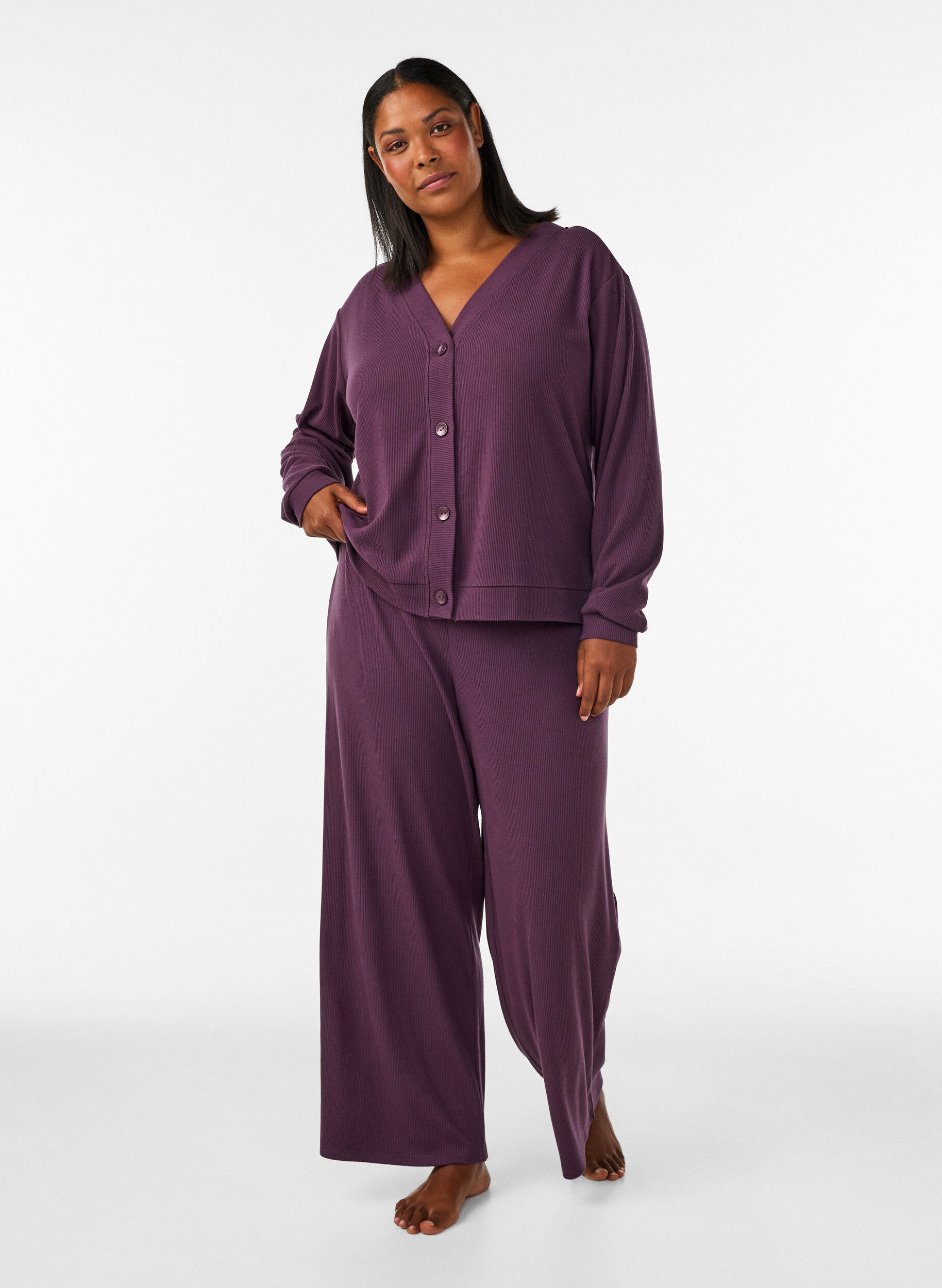 ZizzifashionRibbed jersey cardigan with V-neck, Purple, Model image number 1