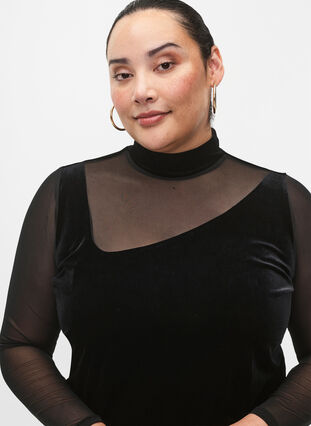 Velvet blouse with long mesh sleeves	, Black, Model image number 3