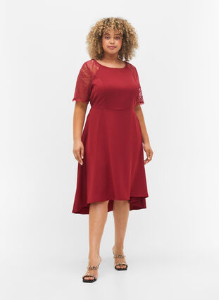 Midi dress with short lace sleeves, Rhubarb, Model image number 2