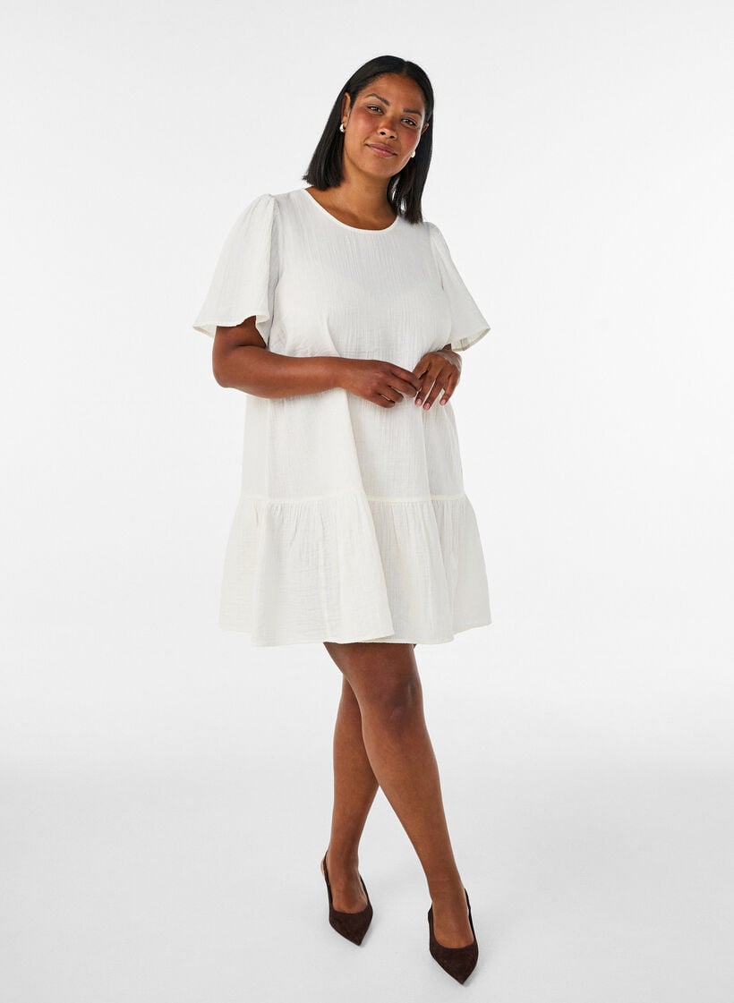 Cotton short-sleeved dress with a-line cut, Vanilla, Model image number 1