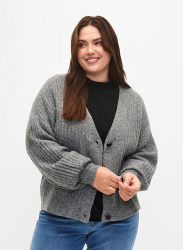 Melange cardigan in rib knit, Light Grey Melange, Model image number 0