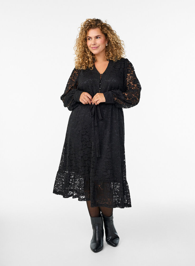 Lace dress with long sleeves and a tie belt, Black, Model image number 0