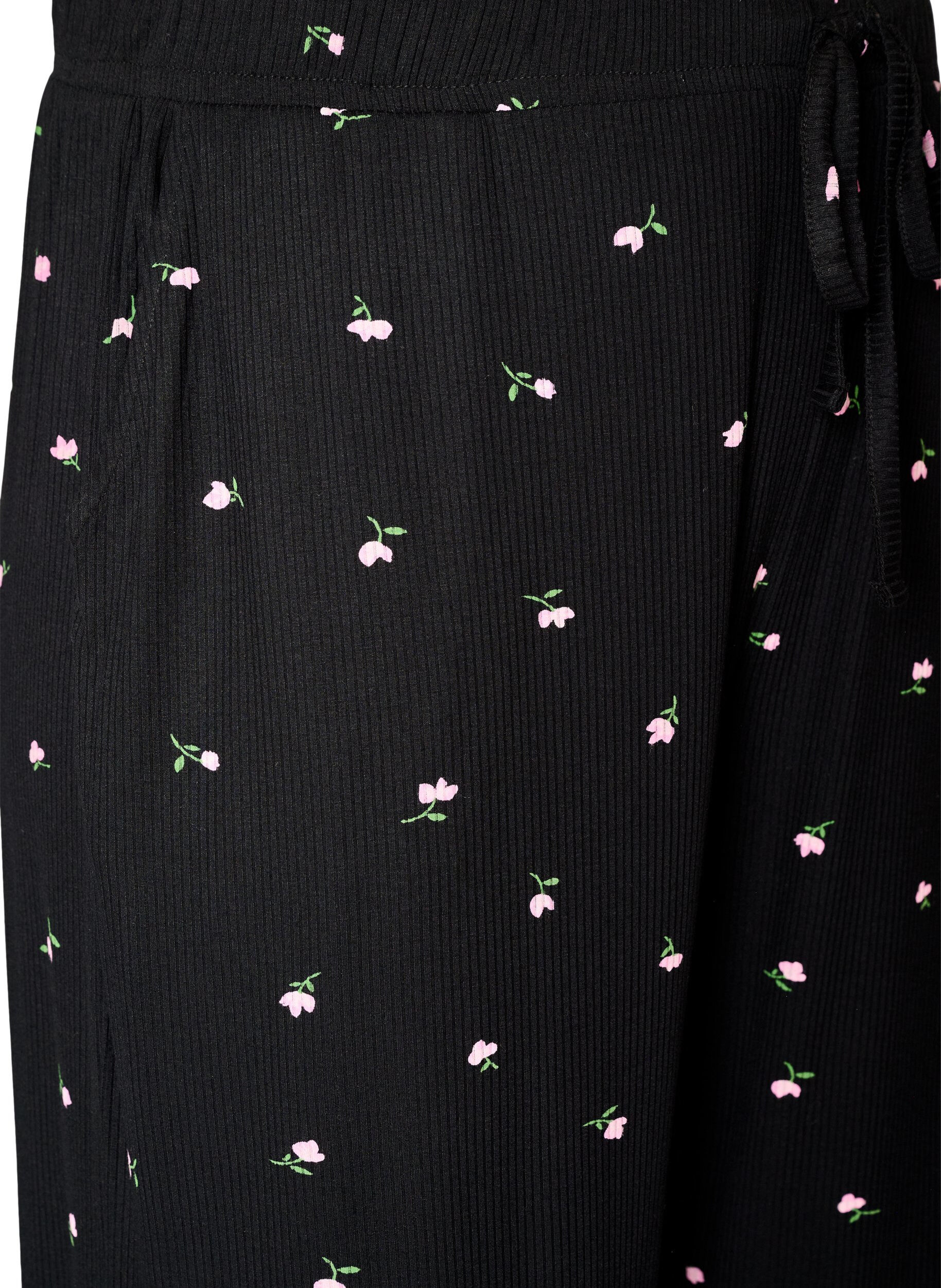 ZizzifashionPyjama bottoms with ribbed texture and floral print, Black, Packshot image number 2