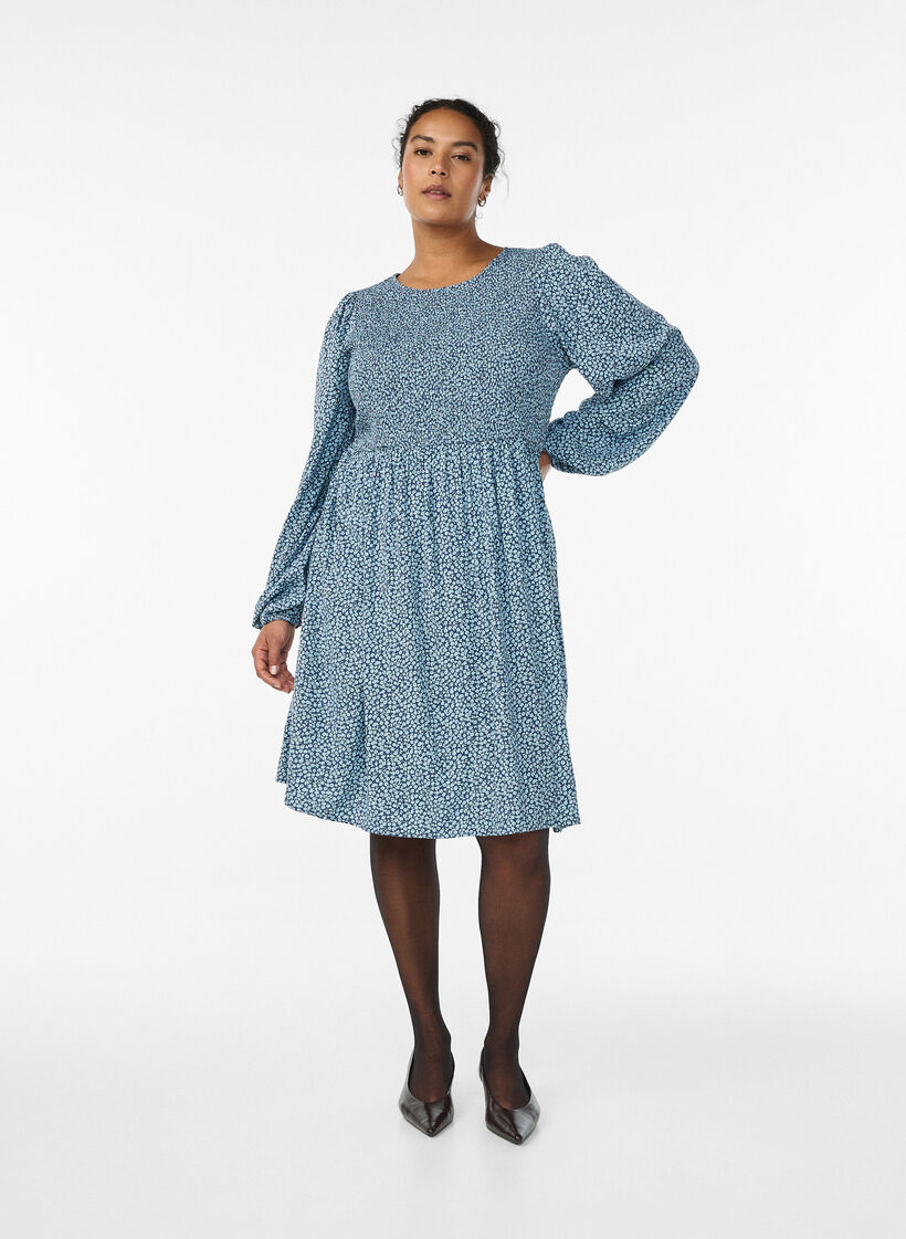 Dress with a smocked top and ditsy floral pattern, Blue, Model image number 1