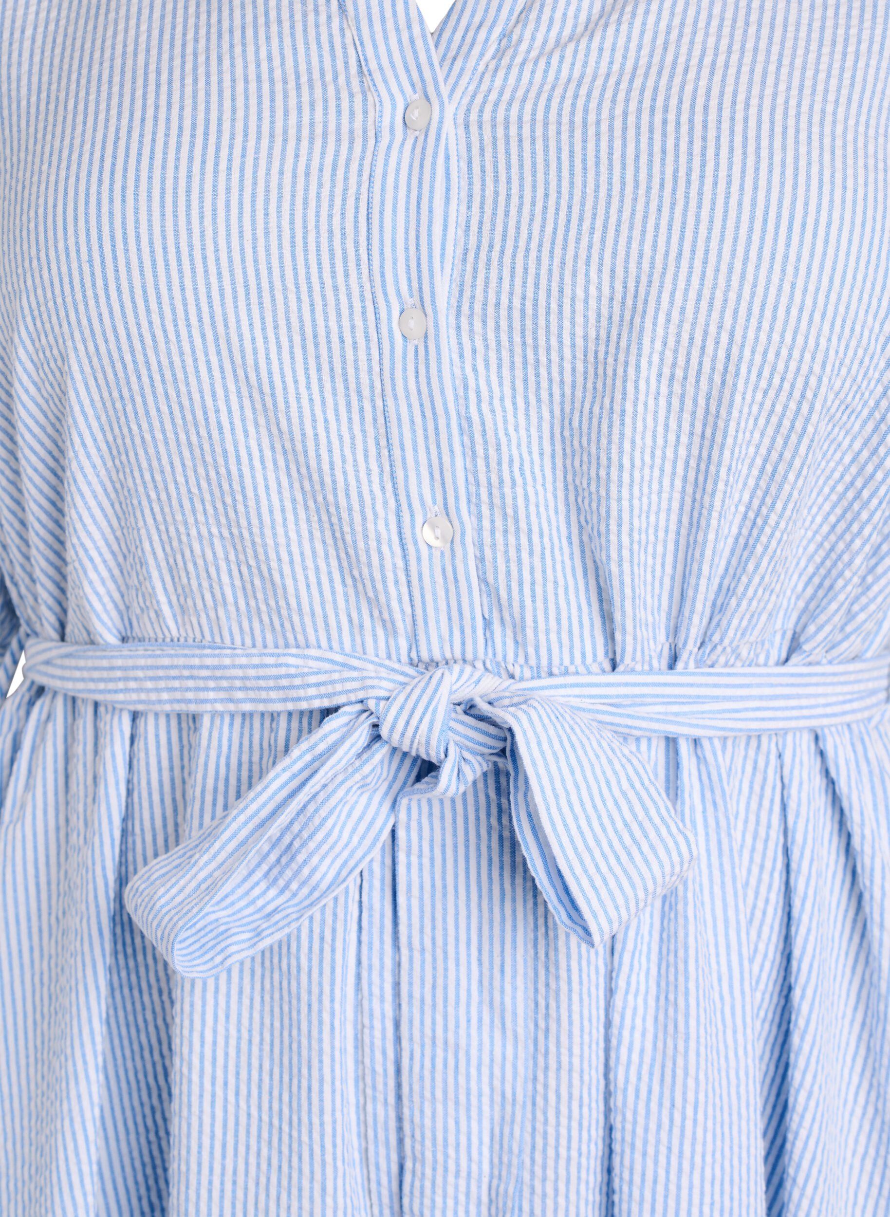 ZizzifashionStriped midi dress in cotton with a tie-belt, White, Packshot image number 2
