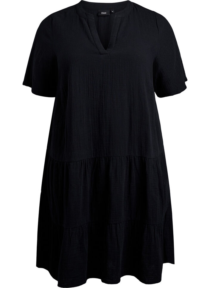 Short A-line dress in cotton muslin, Black, Packshot image number 0
