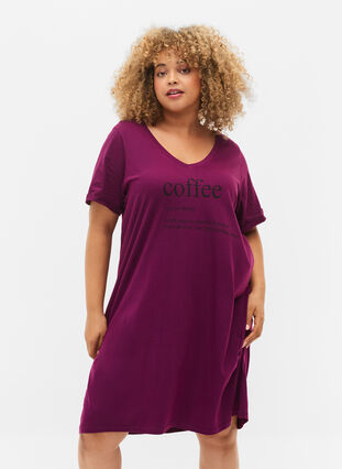 Cotton nightdress with print, D. Purple w. Coffee, Model image number 0