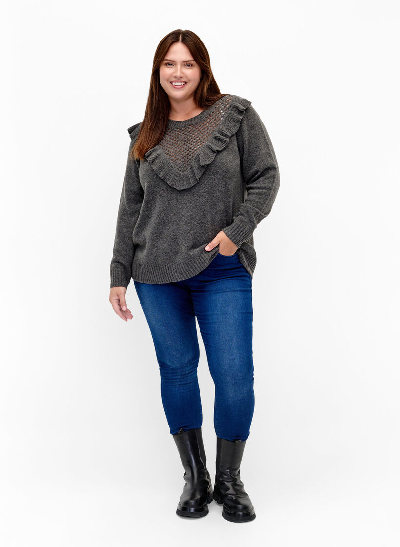 Knitted wool sweater with ruffle detail, Dark Grey Melange, Model image number 2