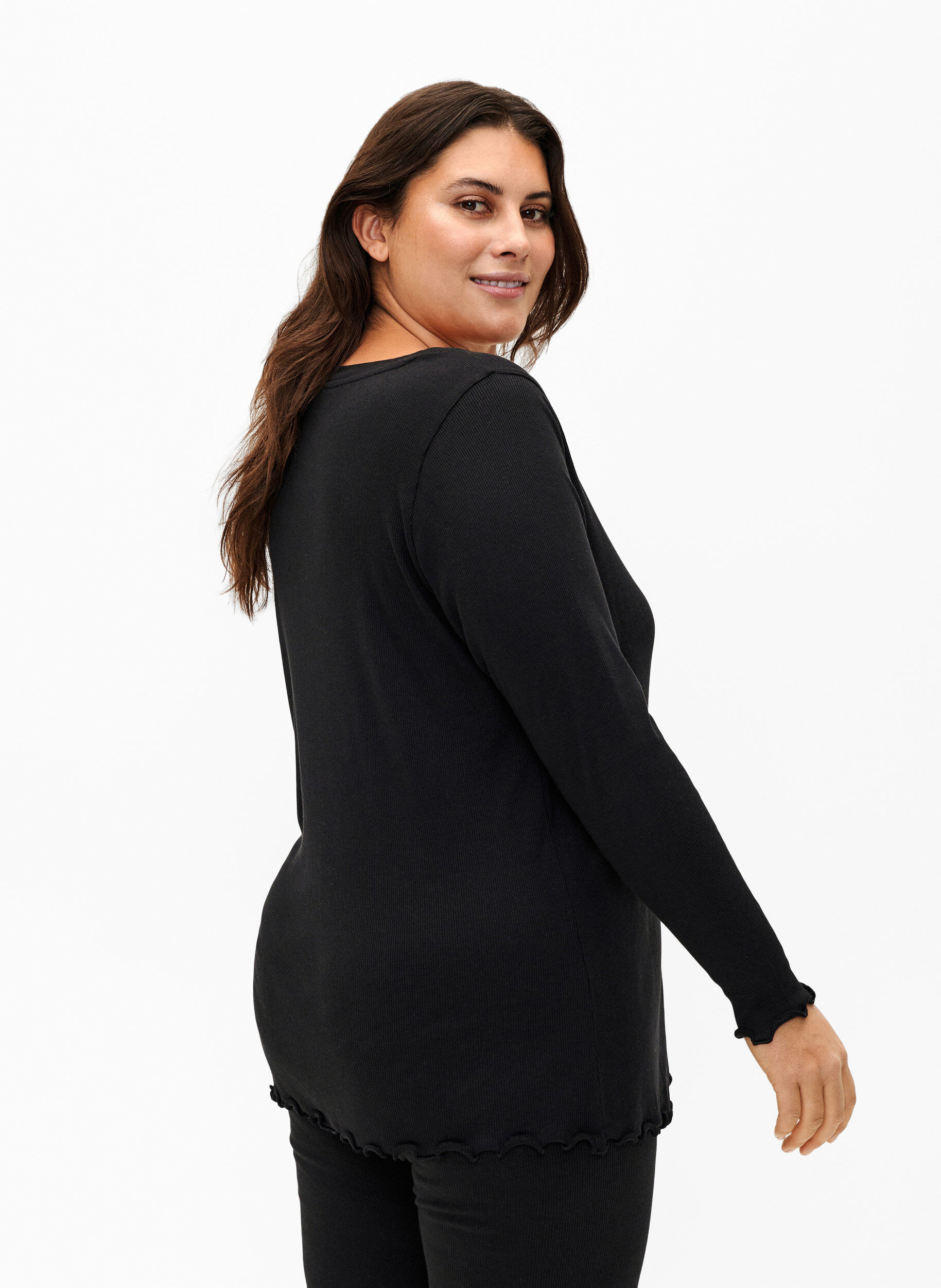 Zizzifashion Ribbed blouse with long sleeves and V-neck, Black, Model image number 1