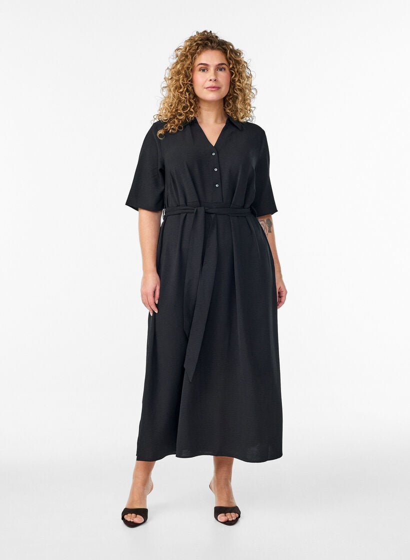 Midi shirt dress with tie belt, Black, Model image number 0