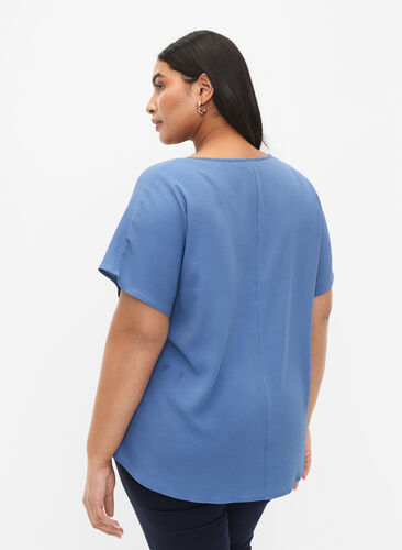 Blouse with short sleeves and a round neckline, Moonlight Blue, Model image number 1