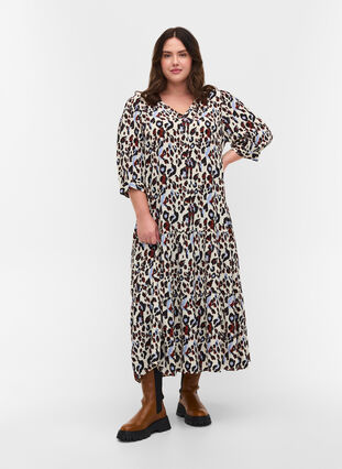Printed dress with v-neck and 3/4 sleeves, White Leo Print, Model image number 2