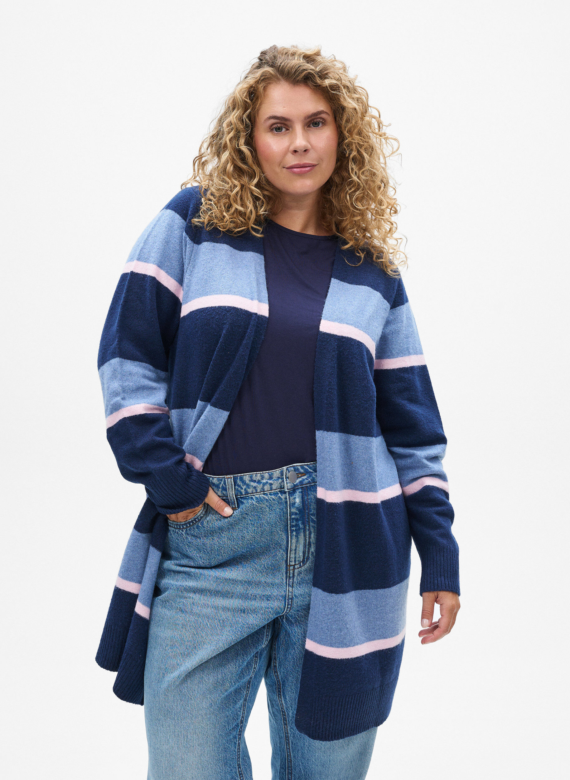 Long knit cardigan with wide stripes, Blue, Model