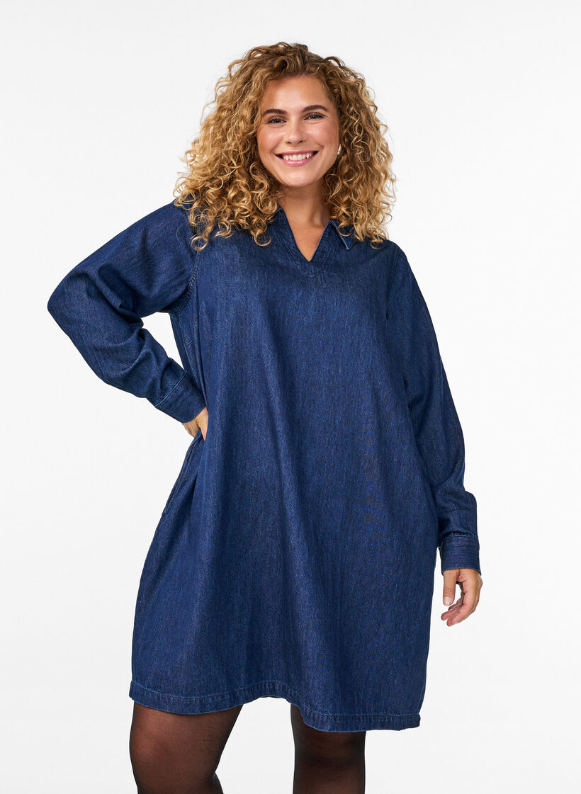 Short denim dress with a V-neck and collar, Blue, Model image number 0
