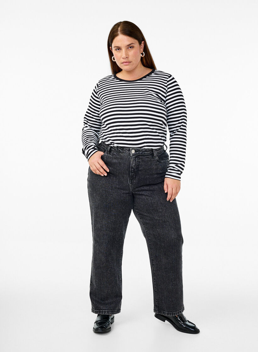Striped blouse with long sleeves, Black, Model image number 1