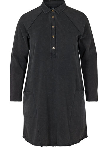 Cotton sweater dress with acid wash and pockets, Black Acid Washed, Packshot image number 0