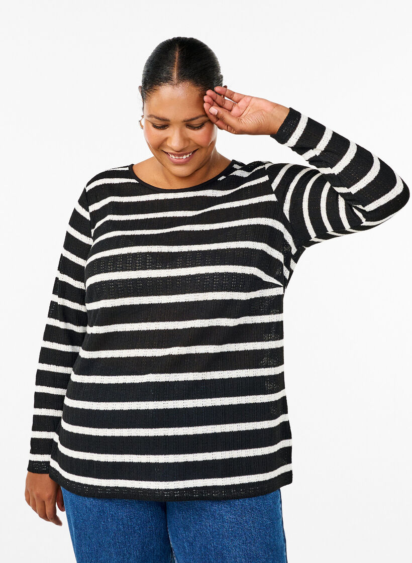 Blouse with stripes and long sleeves, Black Sand Stripe, Model image number 0