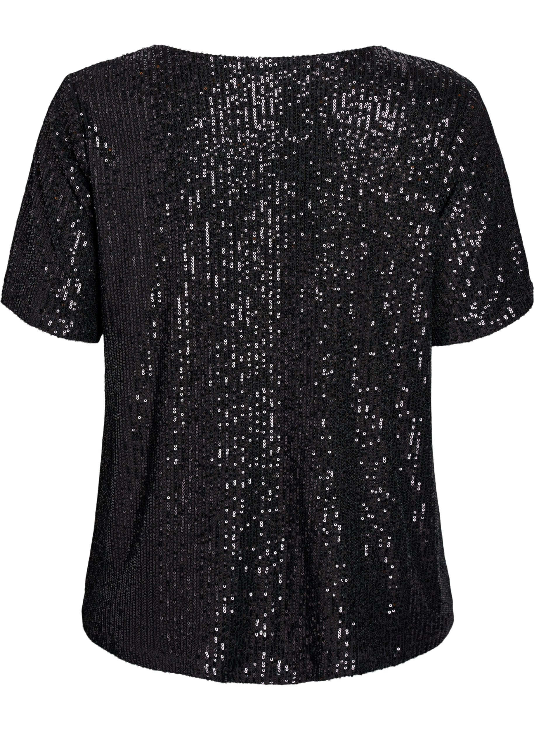 Zizzifashion Sequin blouse with V-neck and short sleeves, Black, Packshot image number 1