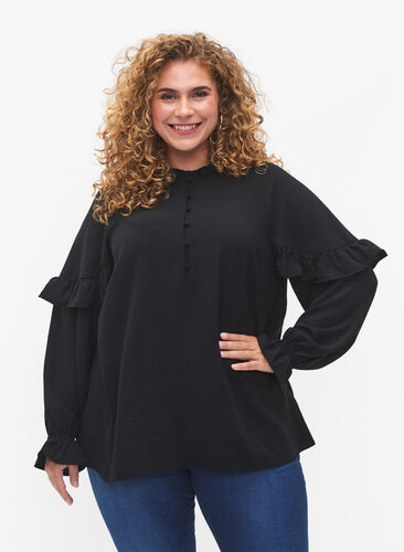 Blouse with ruffles and buttons, Black, Model image number 0