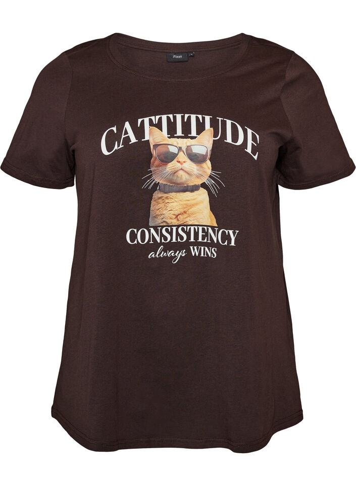 Cotton T-shirt with front print, Brown, Packshot image number 0
