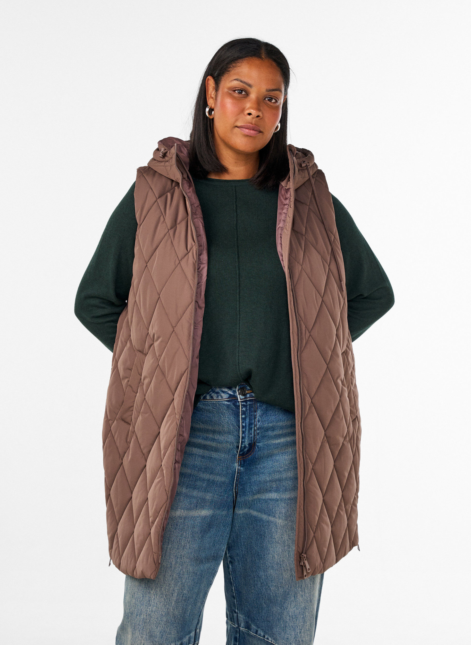 ZizzifashionMid-length quilted gilet with hood, Brown, Model image number 0