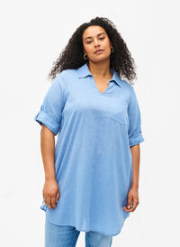 Short-sleeved cotton blend tunic with linen, Faded Denim, Model