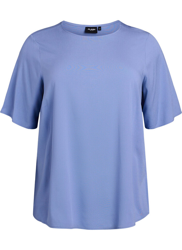 Short-sleeved woven blouse with round neck, Blue, Packshot image number 0