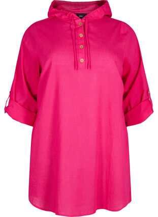 Hooded tunic in cotton and linen, Bright Rose, Packshot image number 0