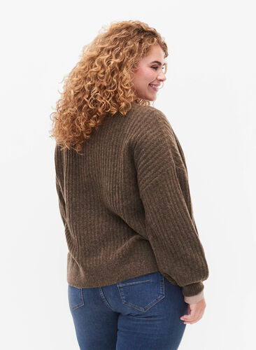 Ribbed knitted cardigan with buttons, Brown Mel., Model image number 1
