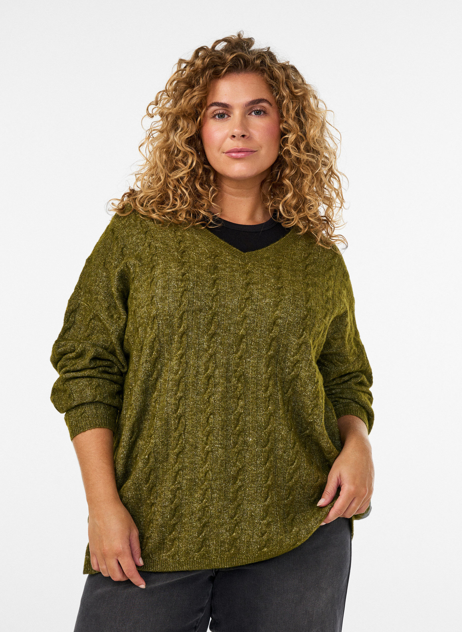ZizzifashionKnitted blouse with cable knit and V-neck, Green, Model image number 0