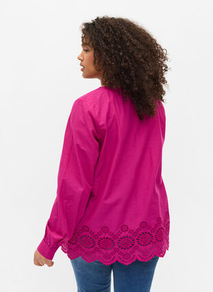 Long-sleeved cotton blouse with embroidery anglaise, Festival Fuchsia, Model image number 1