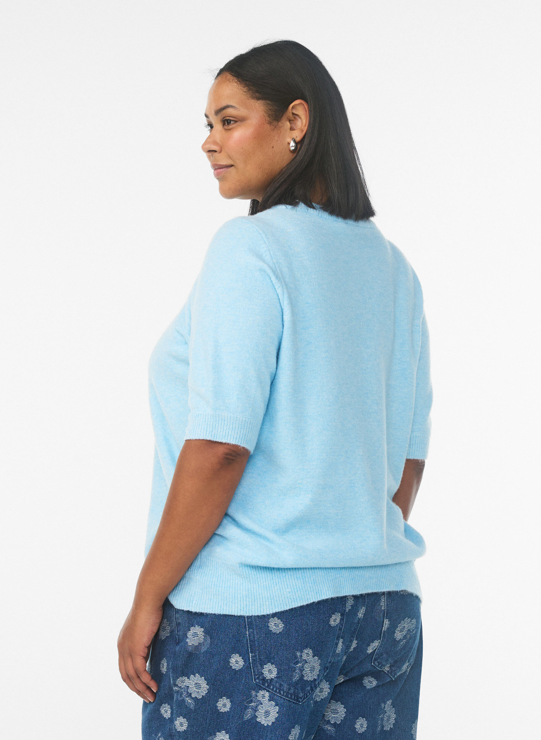 Zizzifashion Knitted blouse with short sleeves, Light Blue, Model image number 2