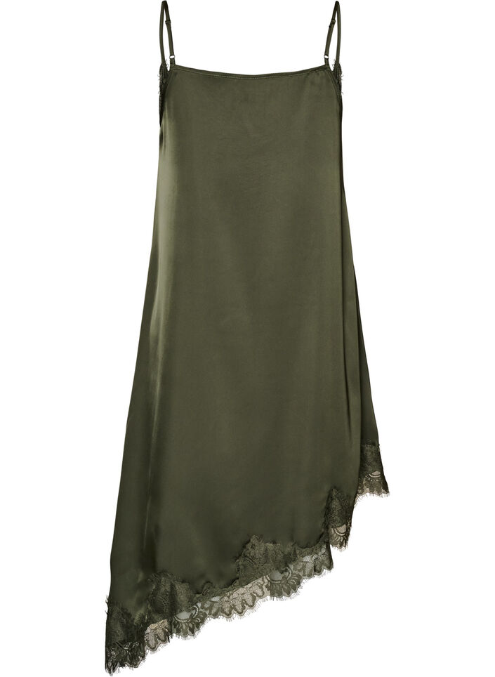 Satin dress with lace and an asymmetrical hem, Green, Packshot image number 1