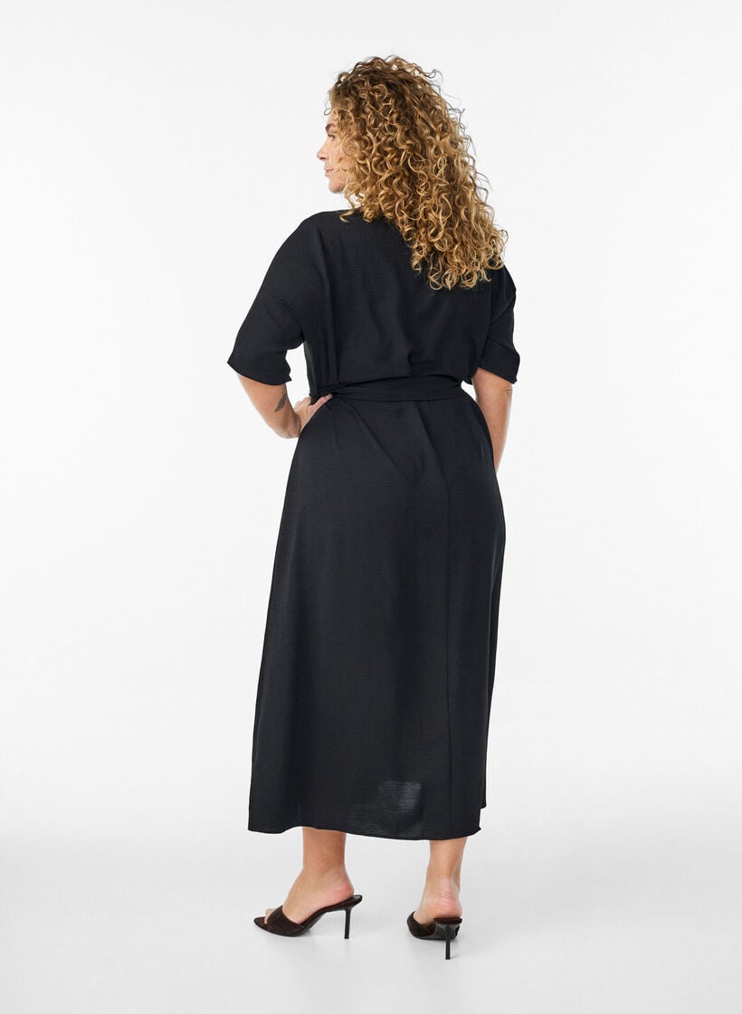 Midi shirt dress with tie belt, Black, Model image number 1