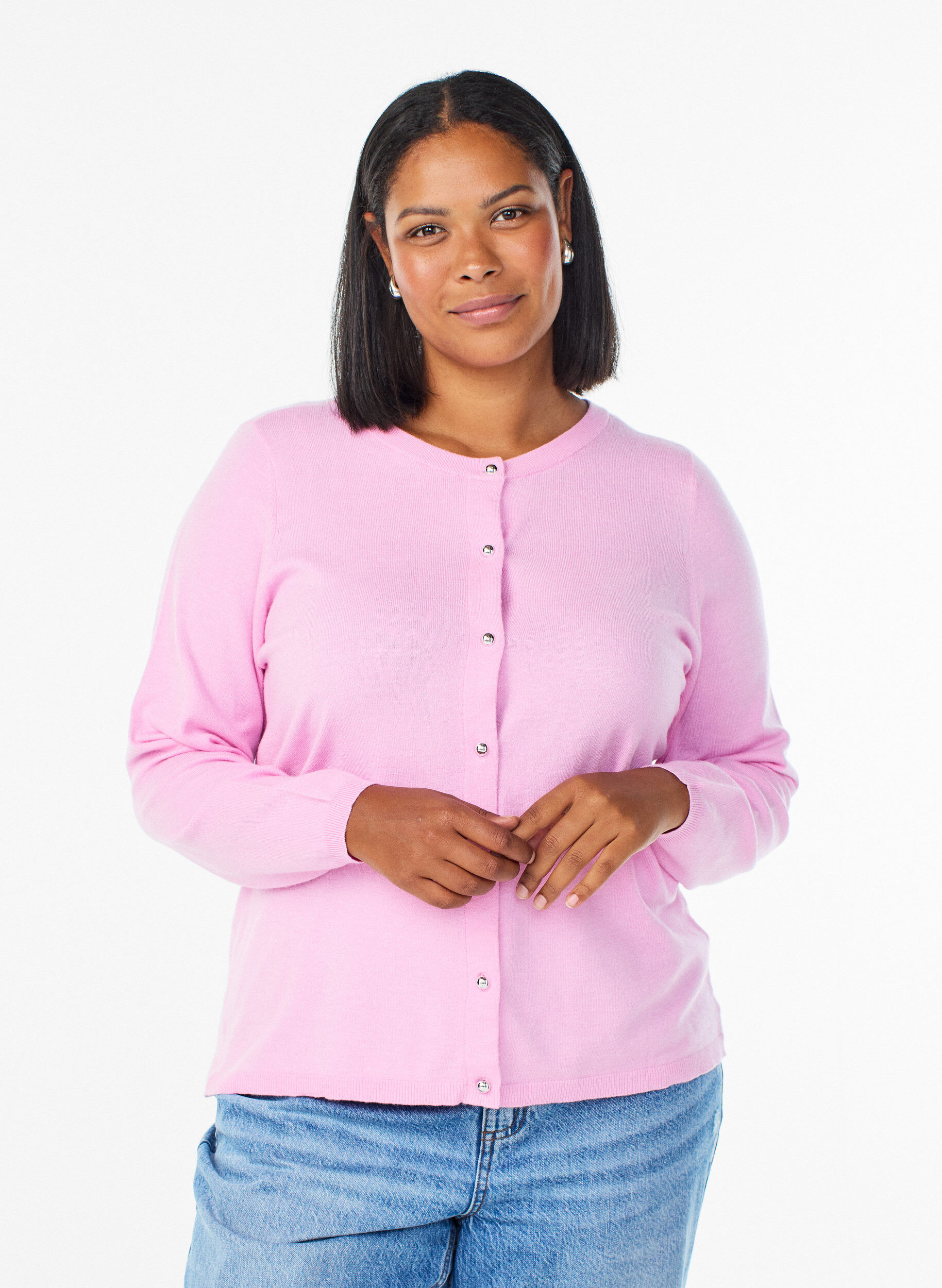 Cardigan with round buttons, Pink, Model